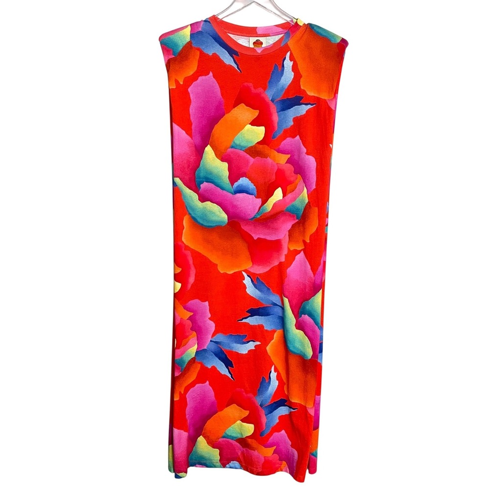 Farm Rio Floral Sleeveless Jersey Tropical Beach Midi Dress Size Small Red